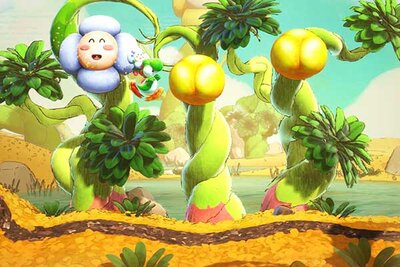 Yoshi springt durch die Luft im Spiel "Yoshi and the Mysterious Book"; Bild: Nintendo