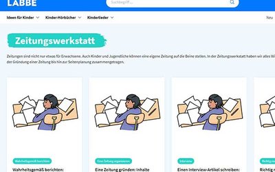 Screenshot der Website www.labbe.de/Life-Hacks-fuer-Kinder/Lernen-Schreiben/Zeitungswerkstatt/