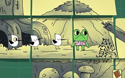 Froggo trifft 3 Vögel im Spiel "Walk the Frog": Bild: Walk the Frog Studio Froggo der Frosch ist mit 3 weißen Vögeln im Wald.