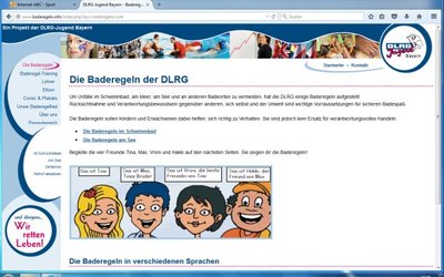 Screenshot der Seite bayern.dlrg-jugend.de/projekte/cool-sicher/das-baderegel-material/