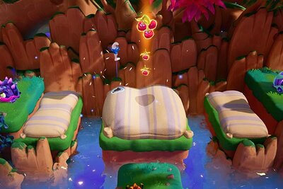 Inseln mit schwebenden Früchten im Spiel "Die Schlümpfe: Abenteuer im Traumland"; Bild: Microids