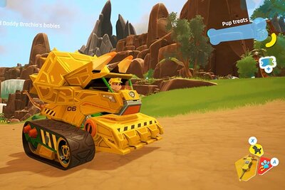Rubble fährt ein Fahrzeug im Spiel "PAW Patrol™ Helfer auf vier Pfoten: Dinowelt"; Outright Games Rubble fährt ein Fahrzeug im Spiel "PAW Patrol™ Helfer auf vier Pfoten: Dinowelt"; Outright Games