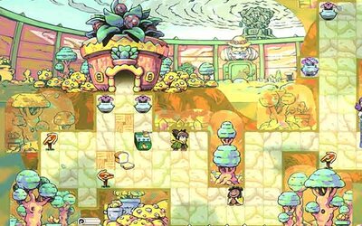 Spielfigur bewegt sich durch eine gelbe Spielwelt.