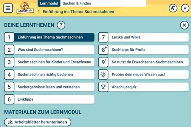 Menü eines überarbeiteten Lernmoduls