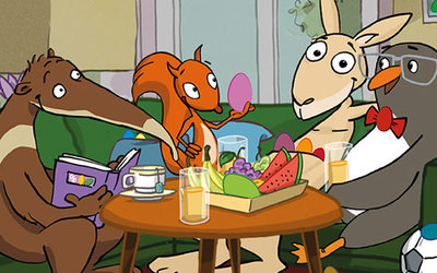 Percy, Flizzy, Jumpy und Eddie am Tisch, Bild: Internet-ABC