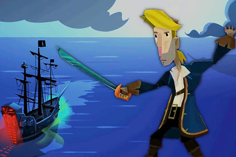Screenshot aus dem Spiel "Return to Monkey Island"; Bild: Devolver Digital Pirat mit einem Schwert vor einem Piratenschiff.