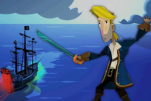 Pirat mit einem Schwert vor einem Piratenschiff.