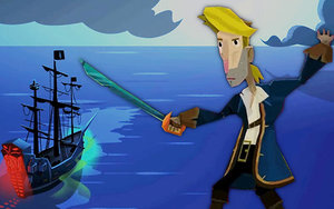 Pirat mit einem Schwert vor einem Piratenschiff.
