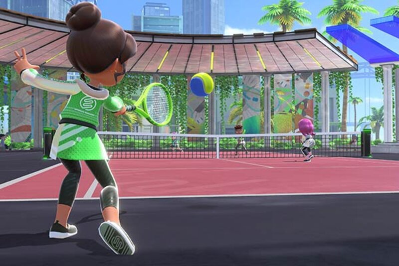 Screenshot aus dem Spiel "Nintendo Switch Sports"; Bild: Nintendo Zwei Personen spielen Tennis.