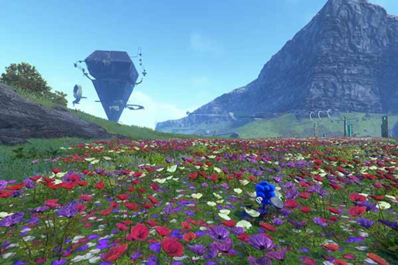 Screenshot aus dem Spiel "Sonic Frontiers"; Bild: SEGA Blauer Igel auf einer Blumenwiese.