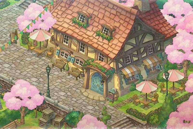 Screenshot aus dem Spiel "Doraemon Story of Seasons: Friends of the Great Kingdom"; Bild: Bandai Namco Villa mit Kirschbäumen.