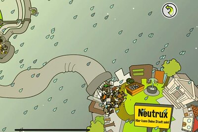 Eine Stadt mit dem Schild "Neutrux - Hier kann deine Stadt sein" im Spiel "Die Müll-AG"; Bild: Bunny & Gnome GbR Eine Stadt mit dem Schild "Neutrux - Hier kann deine Stadt sein" im Spiel "Die Müll-AG"; Bild: Bunny & Gnome GbR