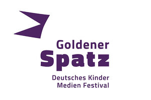 Abstraktes Symbol mit Aufschrift Goldener Spatz, Deutsches Kinder Medien Festival