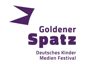 Abstraktes Symbol mit Aufschrift Goldener Spatz, Deutsches Kinder Medien Festival