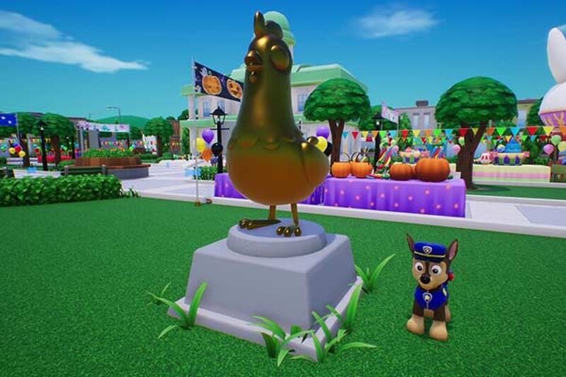 Hund steht neben Statue im Spiel "PAW Patrol World"; Bild: Outright Games Hund steht neben Statue im Spiel "PAW Patrol World"; Bild: Outright Games
