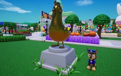 Hund steht neben Statue im Spiel "PAW Patrol World"; Bild: Outright Games
