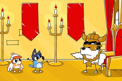 Bingo und Bluey begegnen einem weißen Hund im Spiel "Bluey's Quest for the Gold Pen"; Bild: PM Studios Bingo und Bluey begegnen einem weißen Hund im Spiel "Bluey's Quest for the Gold Pen"; Bild: PM Studios