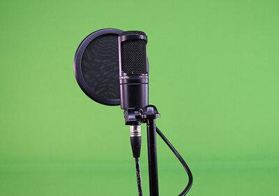 Schwarzes Mikrofon vor grünem Hintergrund.