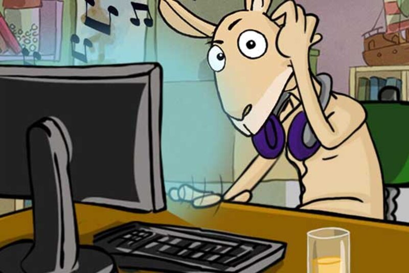 Jumpy sitzt am PC und hört Musik; Bild: Internet-ABC Jumpy sitzt am PC und hört Musik