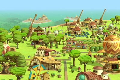 Häuser mit Mühlen und Baukränen im Spiel "The Wandering Village"; Bild: Stray Farm Häuser mit Mühlen und Baukränen im Spiel "The Wandering Village"; Bild: Stray Farm