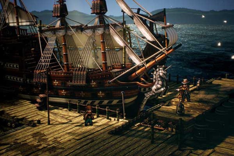 Screenshot aus dem Spiel "Octopath Traveler 2"; Bild: Square Enix Segelschiff am Hafen.