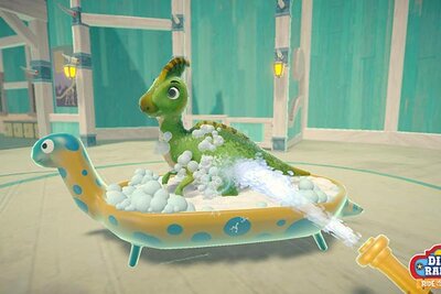 Ein Dino in einer tierförmigen Badewanne im Spiel "Dino Ranch – Rettungsaktion"; Bild: Microids