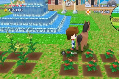 Figur mit Pferd zwischen Mais- und Erdbeerbeet im Spiel "Harvest Moon®: The Lost Valley"; Bild: Natsume Inc Figur mit Pferd zwischen Mais- und Erdbeerbeet im Spiel "Harvest Moon®: The Lost Valley"; Bild: Natsume Inc