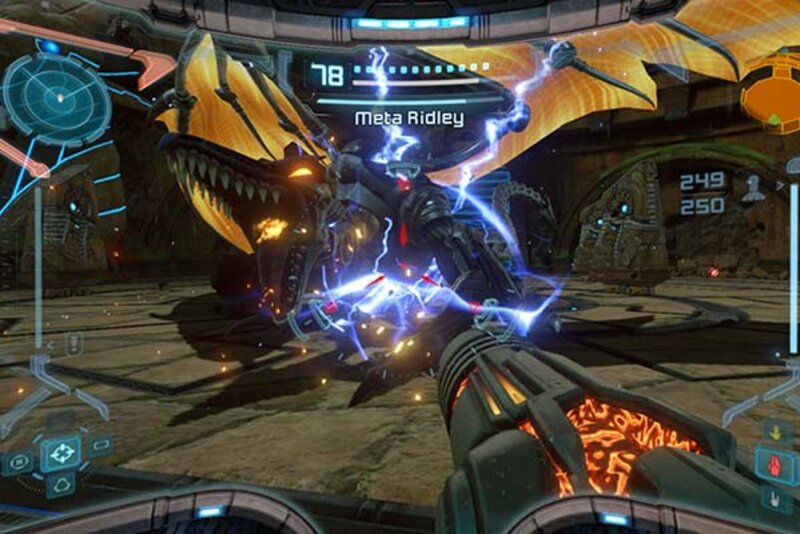 Screenshot aus dem Spiel "Metroid Prime Remastered"; Bild: Nintendo Switch Roboter im Kampf.