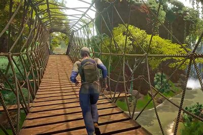 Figur läuft über Hängebrücke im Spiel "Dinosaurs: Mission Dino Camp"; Bild: Wild River Games Figur läuft über Hängebrücke im Spiel "Dinosaurs: Mission Dino Camp"; Bild: Wild River Games