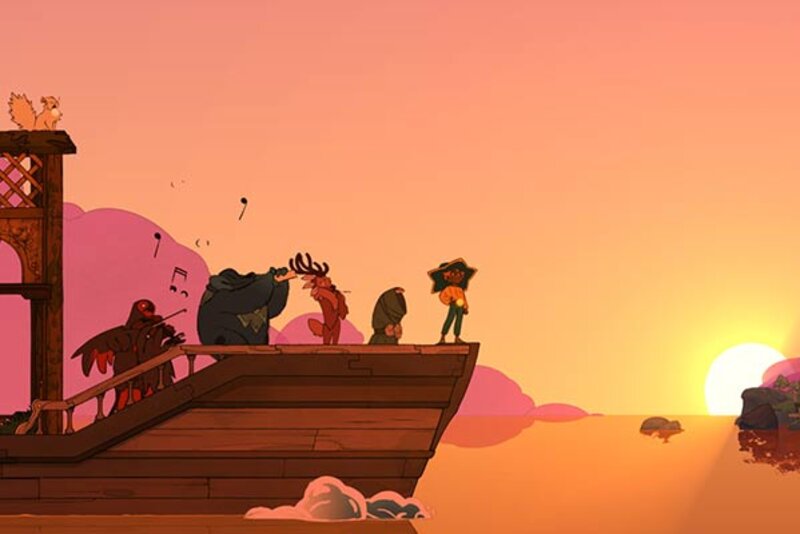 Screenshot aus dem Spiel "Spiritfarer"; Bild: Thunder Lotus Games Schiff bei Sonnenuntergang