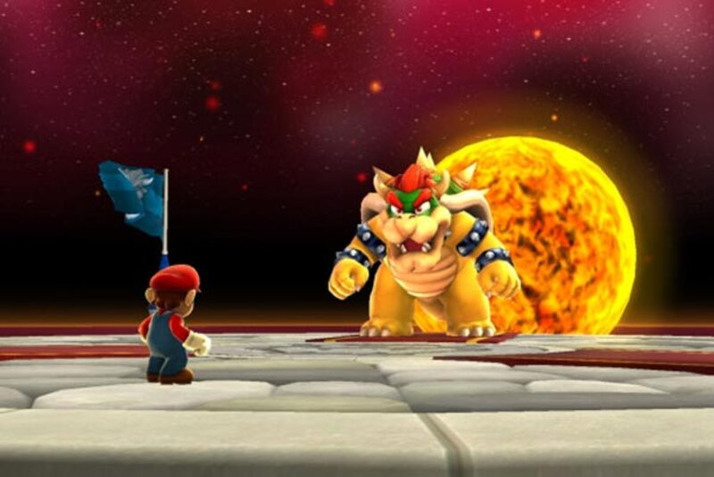 Mario kämpft gegen Bowser.