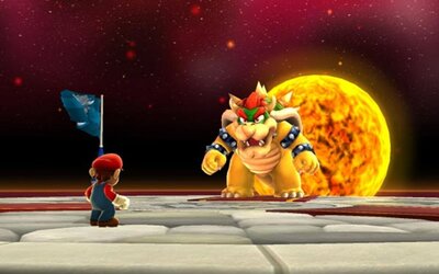 Mario kämpft gegen Bowser.