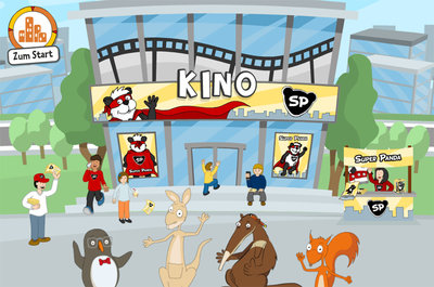 Station Kino: Im Mittelpunkt steht der Medienheld "Super Panda". Vor dem Kino wird mit Postern, Handzetteln, Spielfiguren und Shirts für den Film mit Super Panda geworben. 