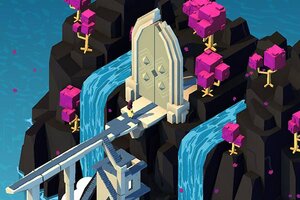 Figur vor einem Tor auf einem Wasserfall im Spiel "Aarik and the Ruined Kingdom"; Bild: Shatterproof Games