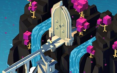 Figur vor einem Tor auf einem Wasserfall im Spiel "Aarik and the Ruined Kingdom"; Bild: Shatterproof Games