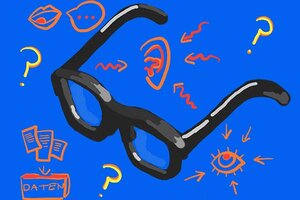 Schwarze Brille auf blauem Grund mit Icons; Bild: Internet-ABC