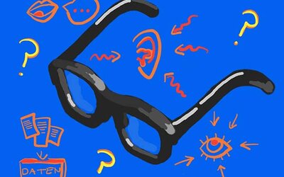 Schwarze Brille auf blauem Grund mit Icons; Bild: Internet-ABC