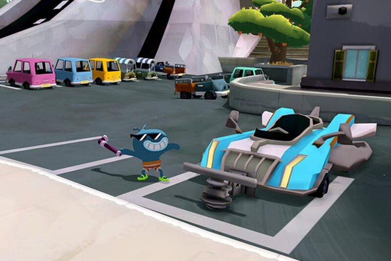 Figur neben einem Sportwagen im Spiel "Tiny Terry's Turbo Trip"; Bild: Super Rare Games
