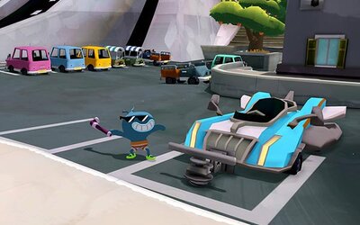 Figur neben einem Sportwagen im Spiel "Tiny Terry's Turbo Trip"; Bild: Super Rare Games Figur neben einem Sportwagen im Spiel "Tiny Terry's Turbo Trip"; Bild: Super Rare Games