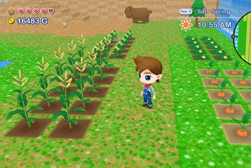 Figur zwischen Mais- und Möhrenbeet im Spiel "Harvest Moon®: The Lost Valley"; Bild: Natsume Inc"