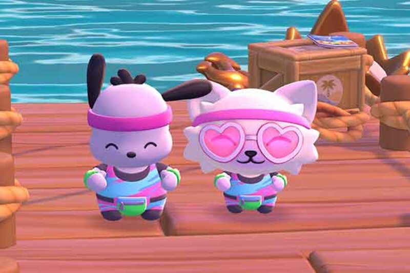 Bunte Tierfiguren im Spiel "Hello Kitty Island Adventure"; Bild: Sunblink Rosane Tierfiguren stehen am Meer auf einem Steg ind lächeln im Spiel "Hello Kitty Island Adventure"; Bild: Sunblink