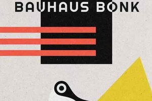 Die Worte "Bauhaus Bonk" stehen in Großbuchstaben vor einem schwarz-weißen Hintergrund, auf dem verschiedenen Flächen in den Farben Rot, Schwarz, Weiß und Gelb abgebildet sind, im Spiel "Bauhaus Bonk"; Bild: Spoonful Games