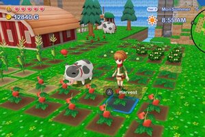Kuh und Mädchen auf einer Farm im Spiel "Harvest Moon®: Skytree Village"; Bild: Platinum Egg Kuh und Mädchen auf einer Farm im Spiel "Harvest Moon®: Skytree Village"; Bild: Platinum Egg