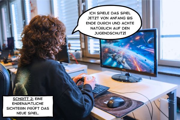 Eine Sichterin sichtet das Spiel; Bild: USK Eine Sichterin sichtet das Spiel; Bild: USK