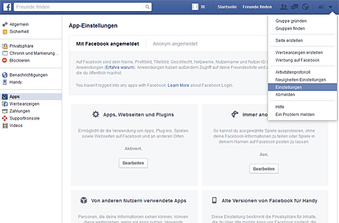 Screenshot: App-Einstellungen bei Facebook