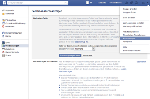 Screenshot: Einstellung Werbung bei Facebook