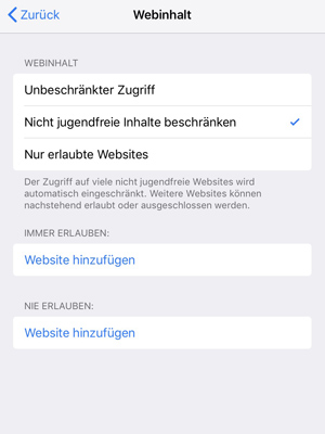 Screenshot: Einschränkungen iOS Websites 