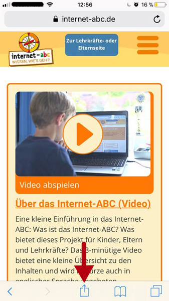 Rufe im Browser deines Geräts das Internet-ABC auf: www.internet-abc.de. Tippe auf das kleine Quadrat mit dem Pfeil nach oben.